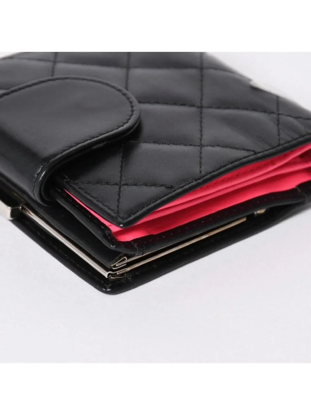 Chanel Cambon Line Bifold Wallet CC Logo Calfskin Kiss Lock Black Silver